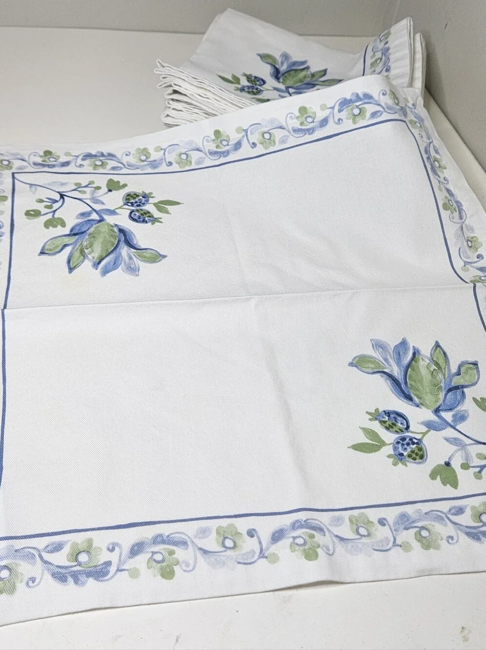 Williams Sonoma Painted Vine Napkins Blue Green Floral On Cotton, Set Of 12